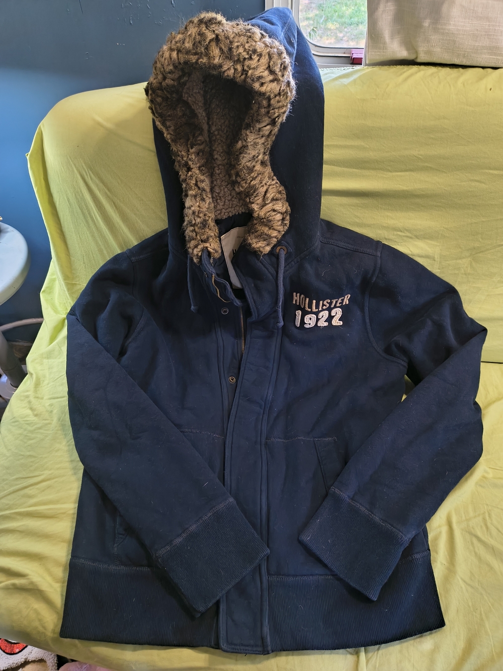 Hollister Navy Hooded Puffer Jacket with Faux Fur Lined Hood